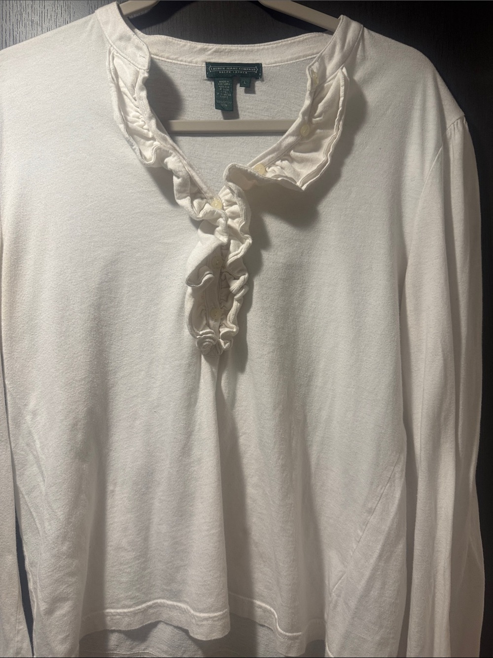 Lauren Ralph Lauren Off-White Ruffle V-Neck Long Sleeve Tee